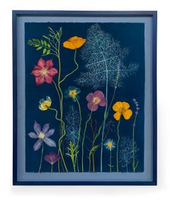 Nocturnal Nature (Still Life Painting of Colorful Flowers on Indigo Blue)