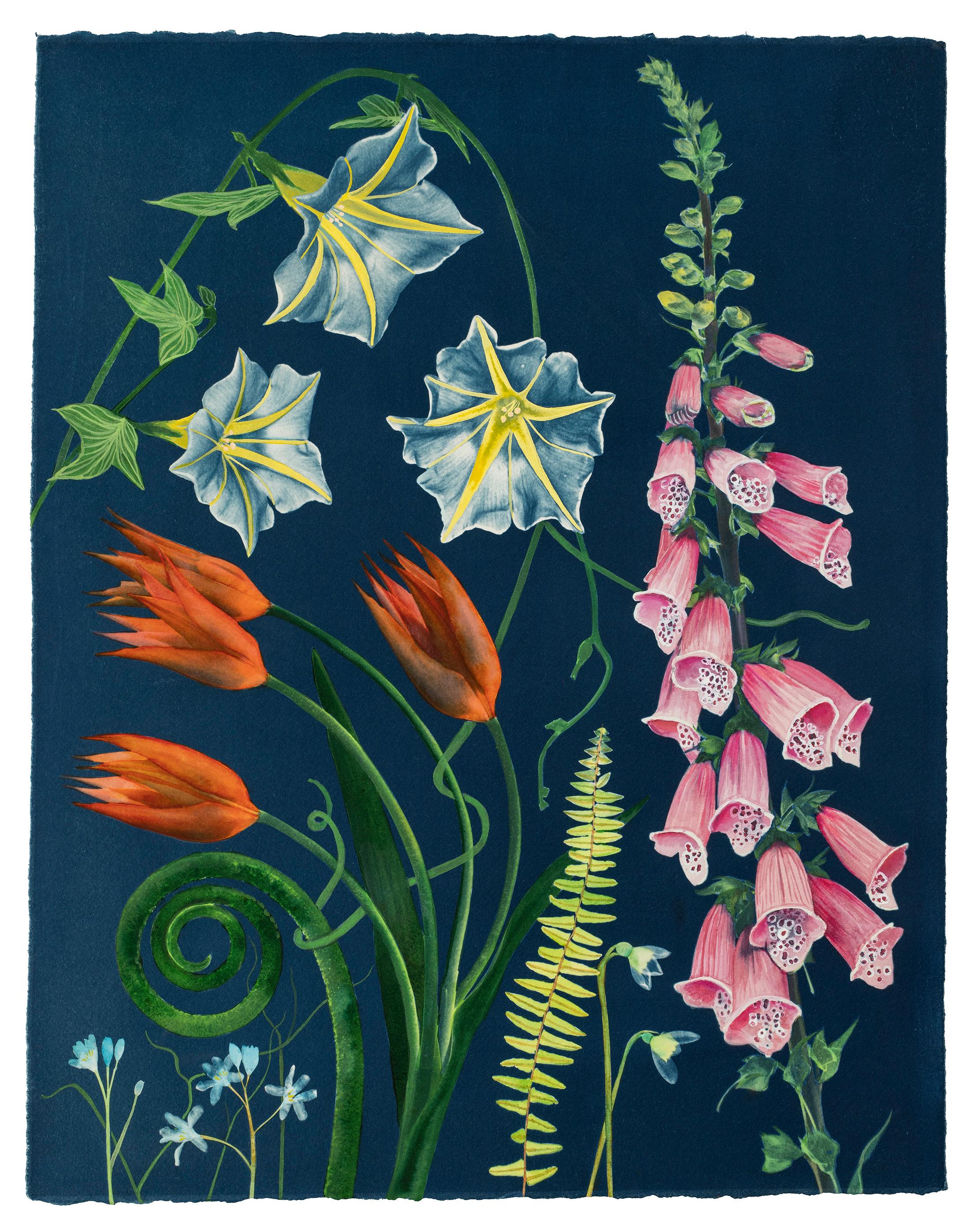 Picturesque Botany (Still Life Painting of Colorful Flowers on Indigo Blue) - Contemporary Mixed Media Art by Julia Whitney Barnes