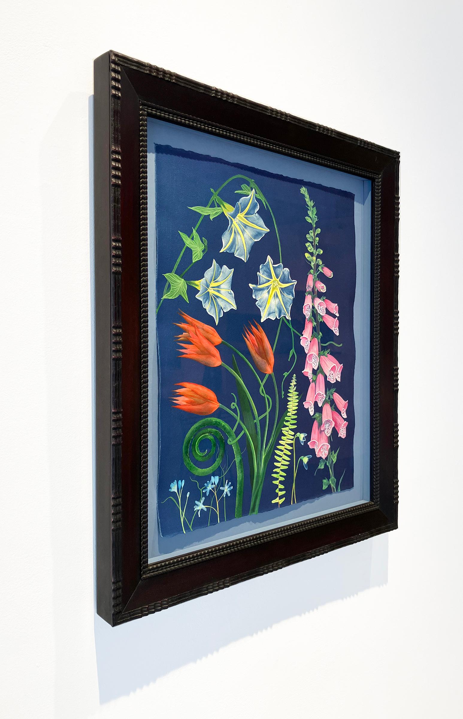 Realistic still life painting of bright flowers on dark blue
Hand-painted cyanotype by Julia Whitney Barnes
