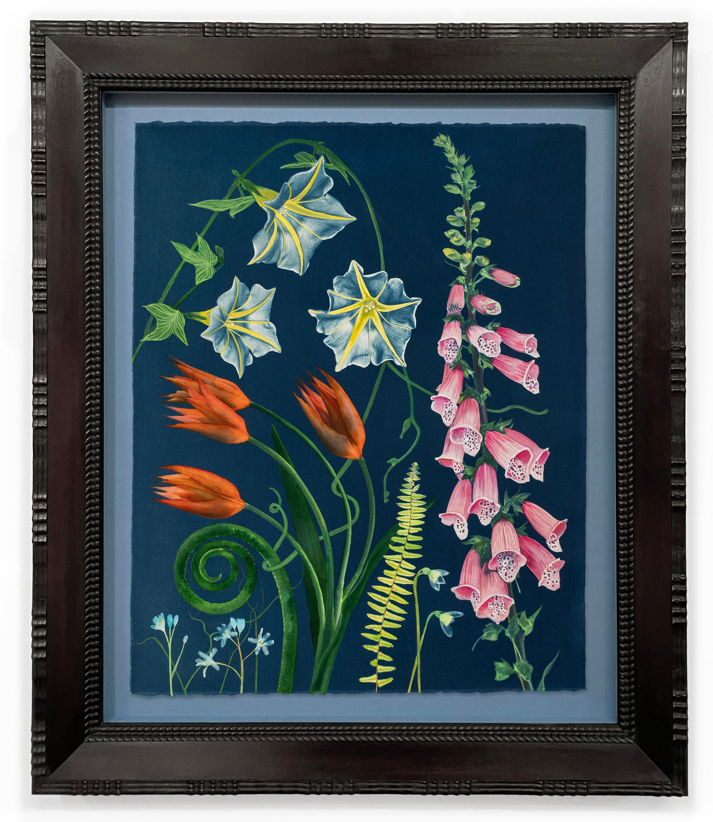 Picturesque Botany (Still Life Painting of Colorful Flowers on Indigo Blue) - Mixed Media Art by Julia Whitney Barnes