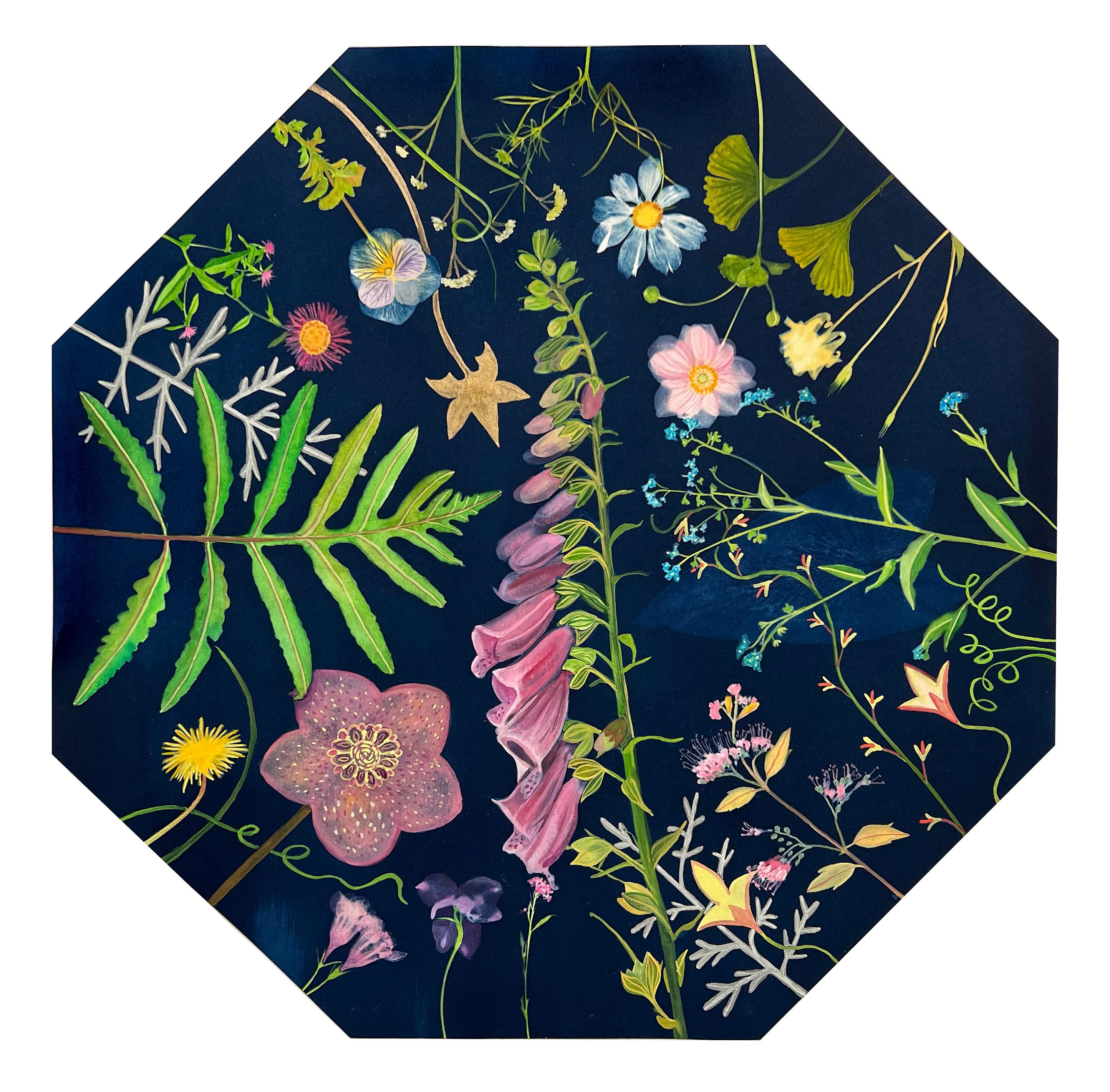 Botanique pittoresque (Nature morte de fleurs sur fond bleu dans un cadre victorien) - Contemporain Mixed Media Art par Julia Whitney Barnes