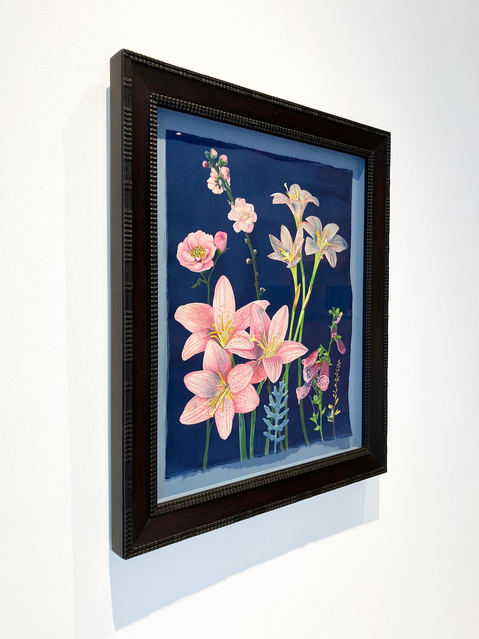 Realistic still life painting of pastel pink lilies, roses, and foxglove on dark blue
Hand-painted cyanotype by Julia Whitney Barnes
