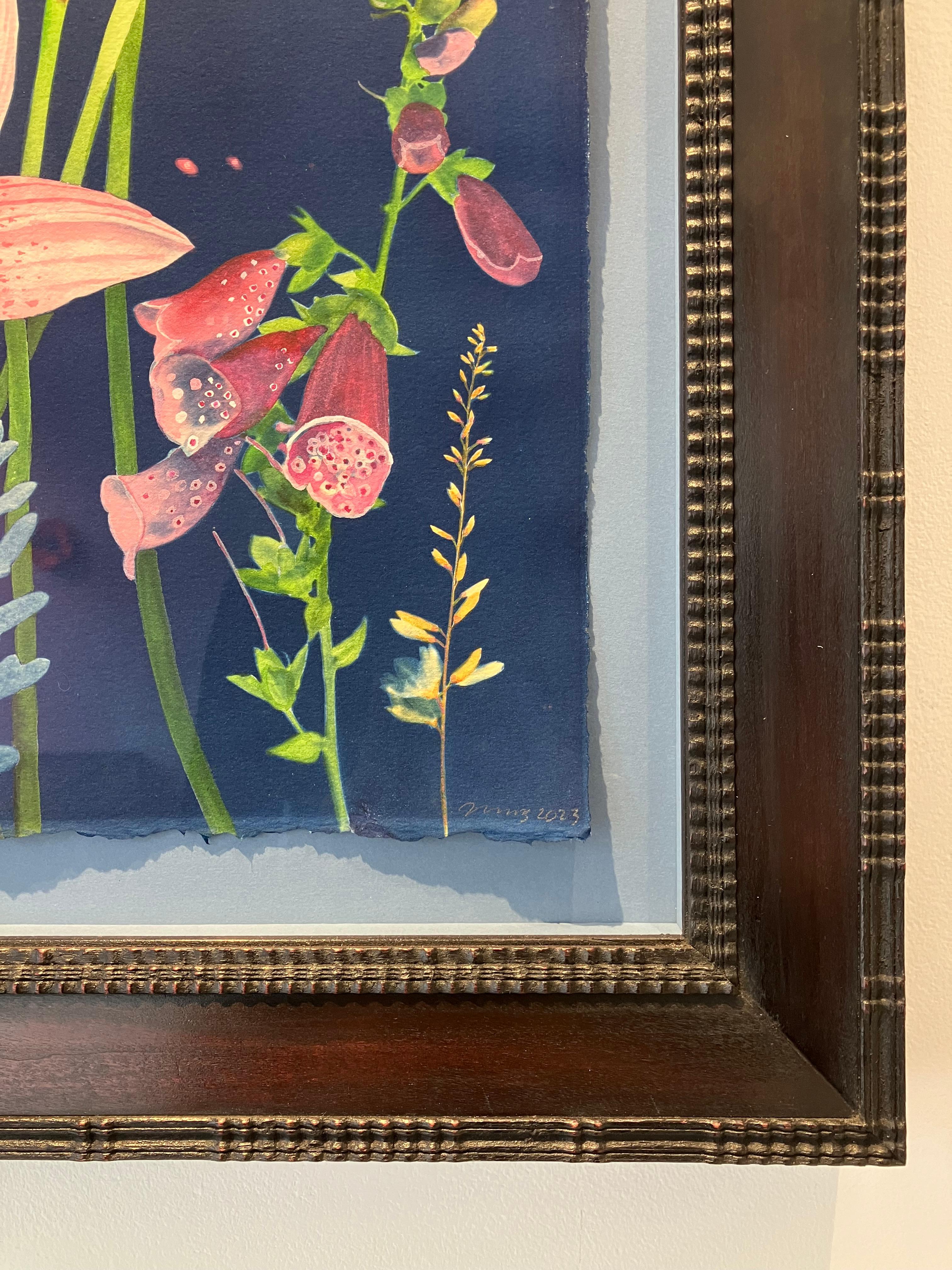 Picturesque Botany (Still Life Painting of Pink Lilies & Roses on Indigo Blue) For Sale 2