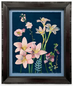 Picturesque Botany (Still Life Painting of Pink Lilies & Roses on Indigo Blue)