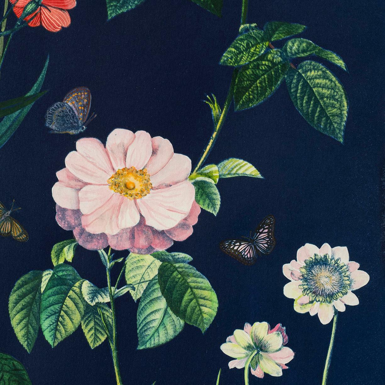 Picturesque Botany (Stilllebengemälde mit rosa Rosen auf dunkelblauem, goldenem Rahmen) (Zeitgenössisch), Painting, von Julia Whitney Barnes