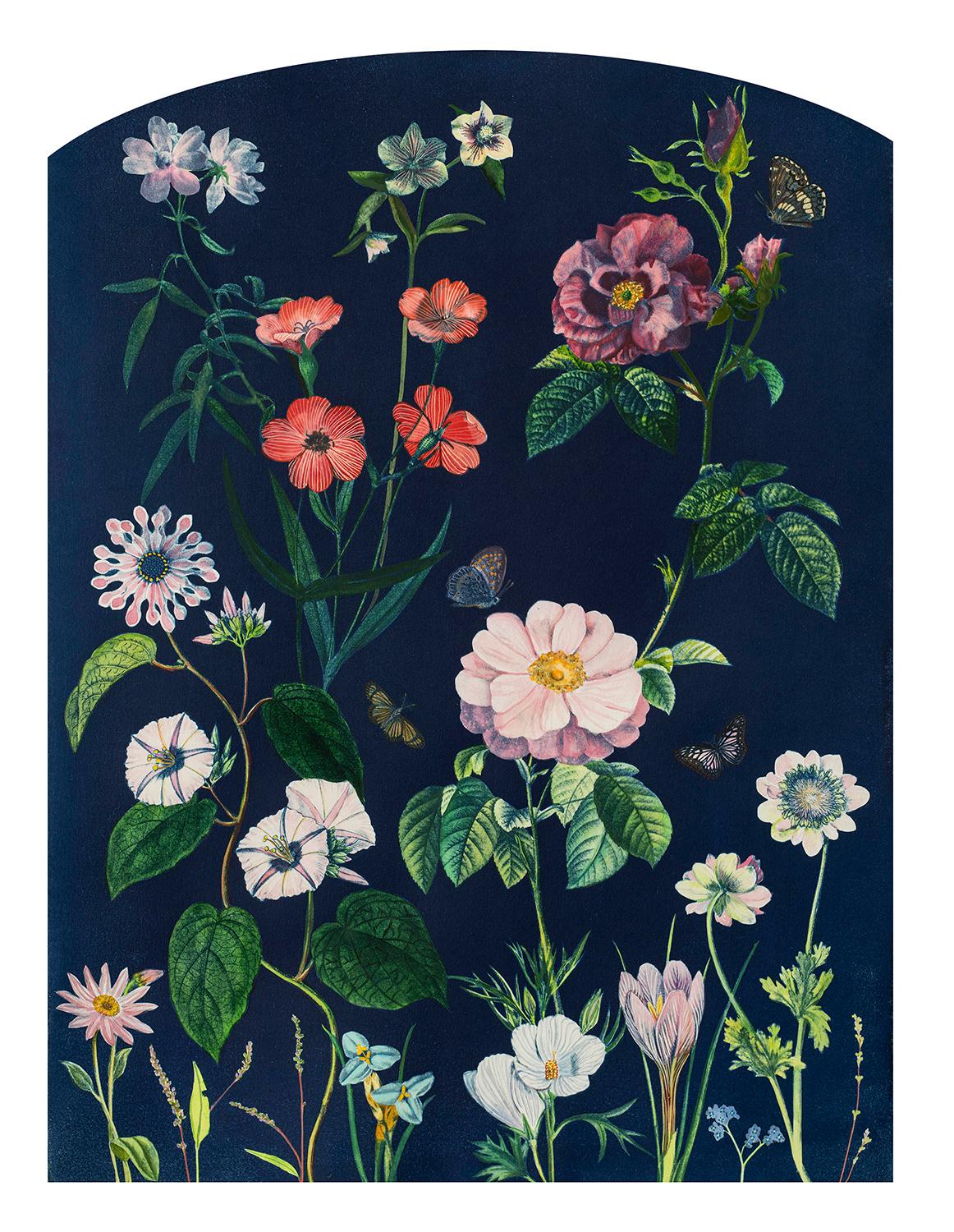 Realistic still life painting of bright flowers on dark blue
Hand-painted cyanotype by Julia Whitney Barnes
