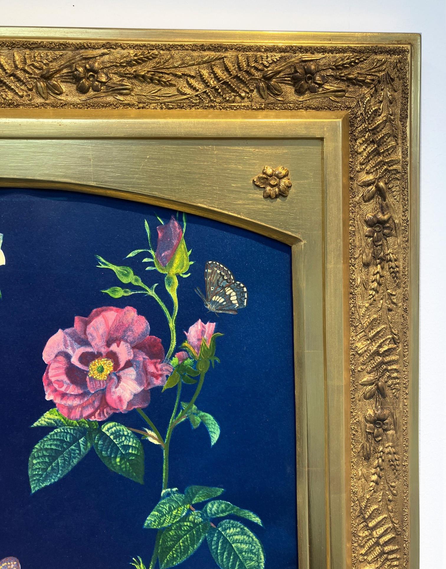 Picturesque Botany (Still Life Painting of Pink Roses on Dark Blue, Gold Frame) For Sale 2