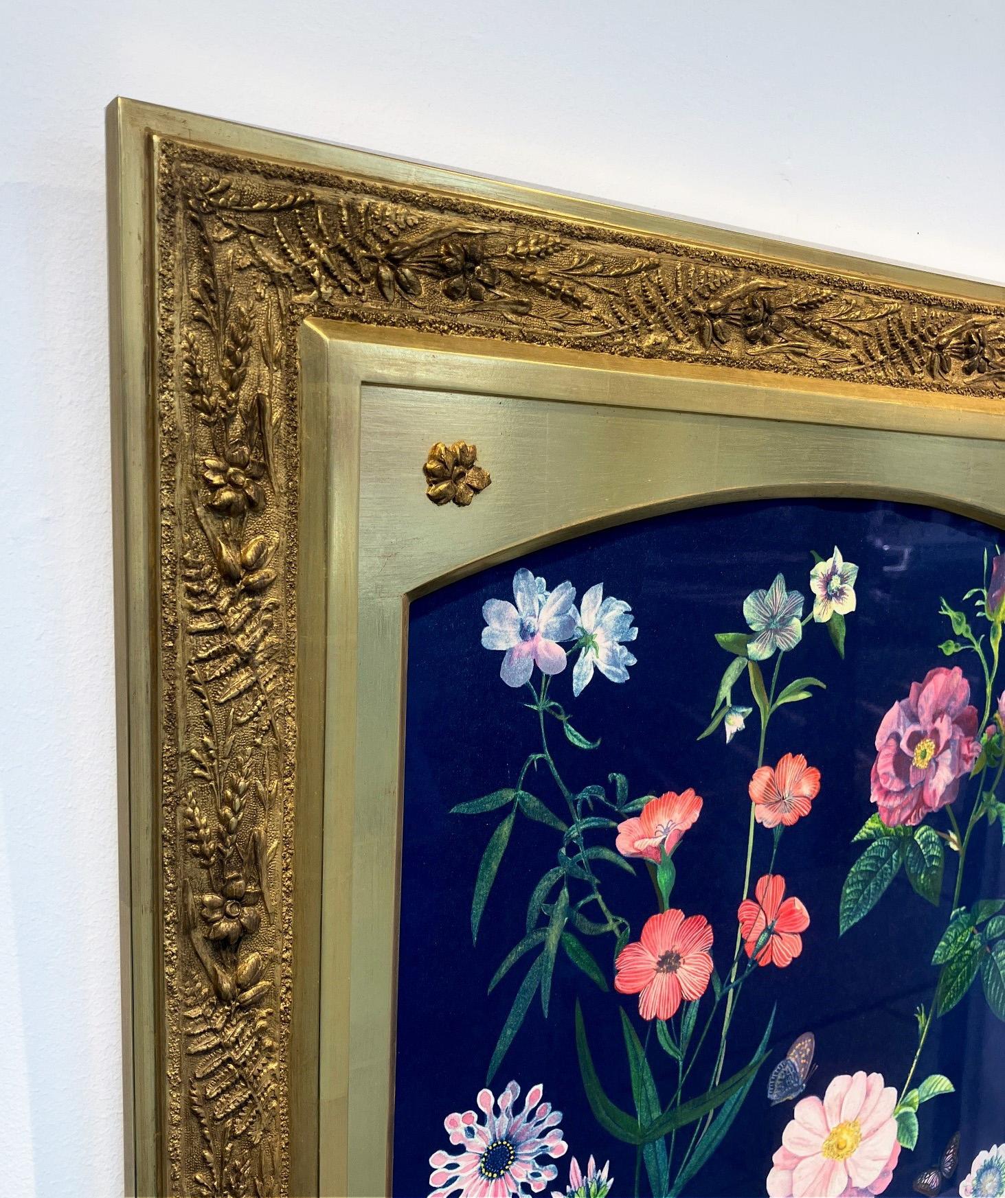 Picturesque Botany (Still Life Painting of Pink Roses on Dark Blue, Gold Frame) For Sale 1