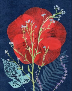 Red Hibiscus, Forget Me Not: Still Life Painting of Red & Blue Flowers on Indigo