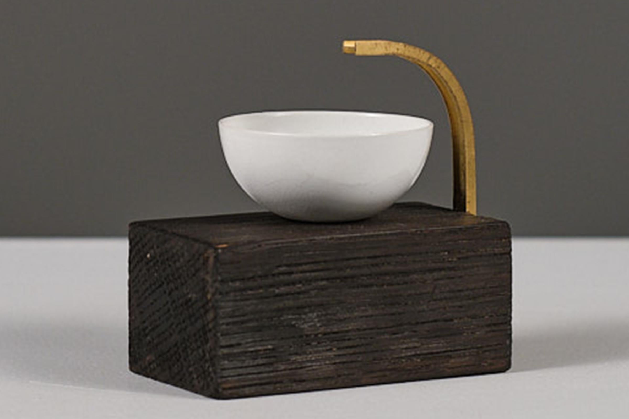 Spanish Julia_Contemporary sculptural ashtray collectible design. Brass, wood, ceramicsi For Sale