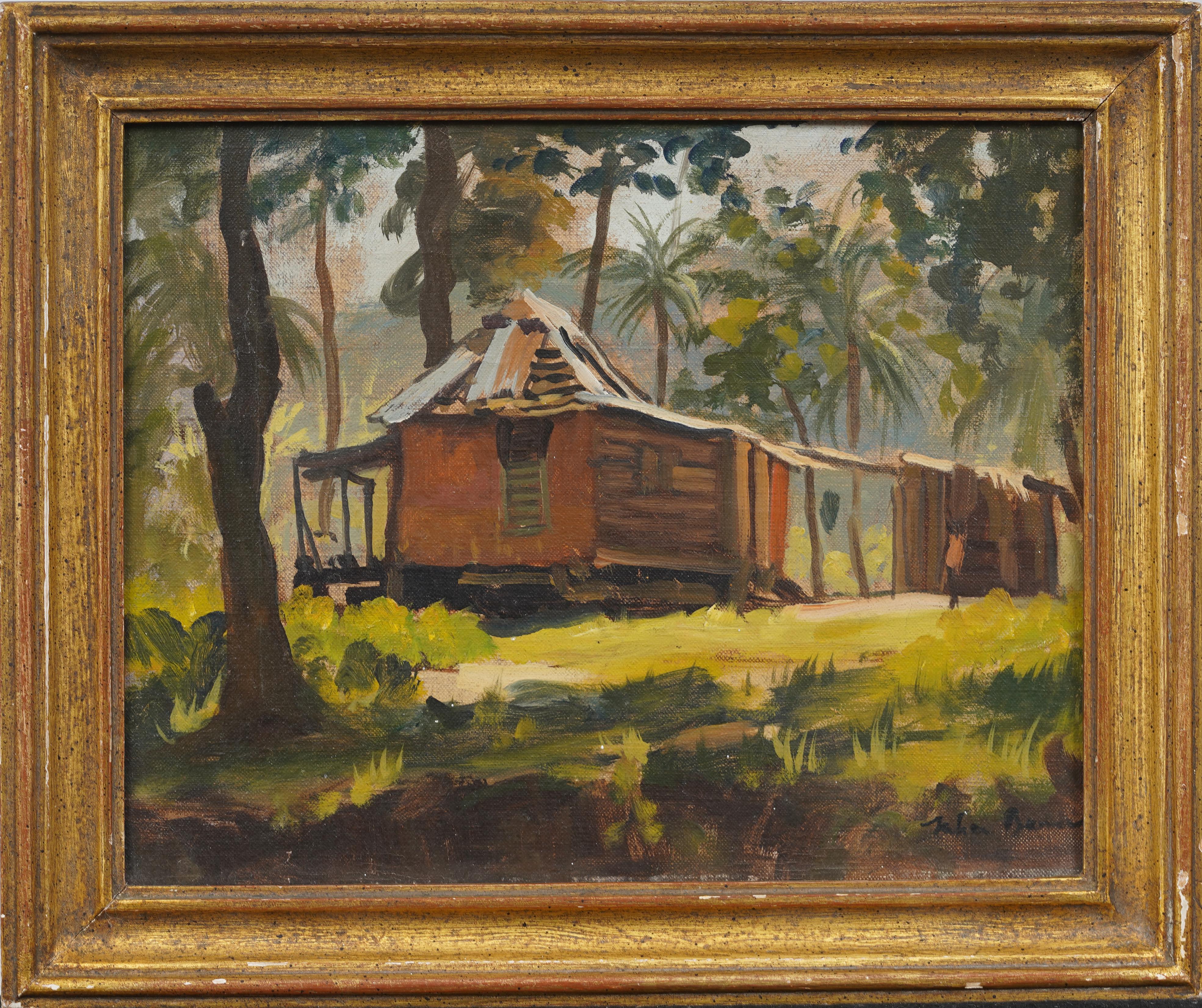 Ancienne peinture à l'huile moderniste anglaise sur palmiers tropicaux encadrée - Painting de Julian Barrow (1939 - 2013)