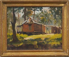 Antique English Modernist Tropical Palm Tree Framed Landscape Oil Painting