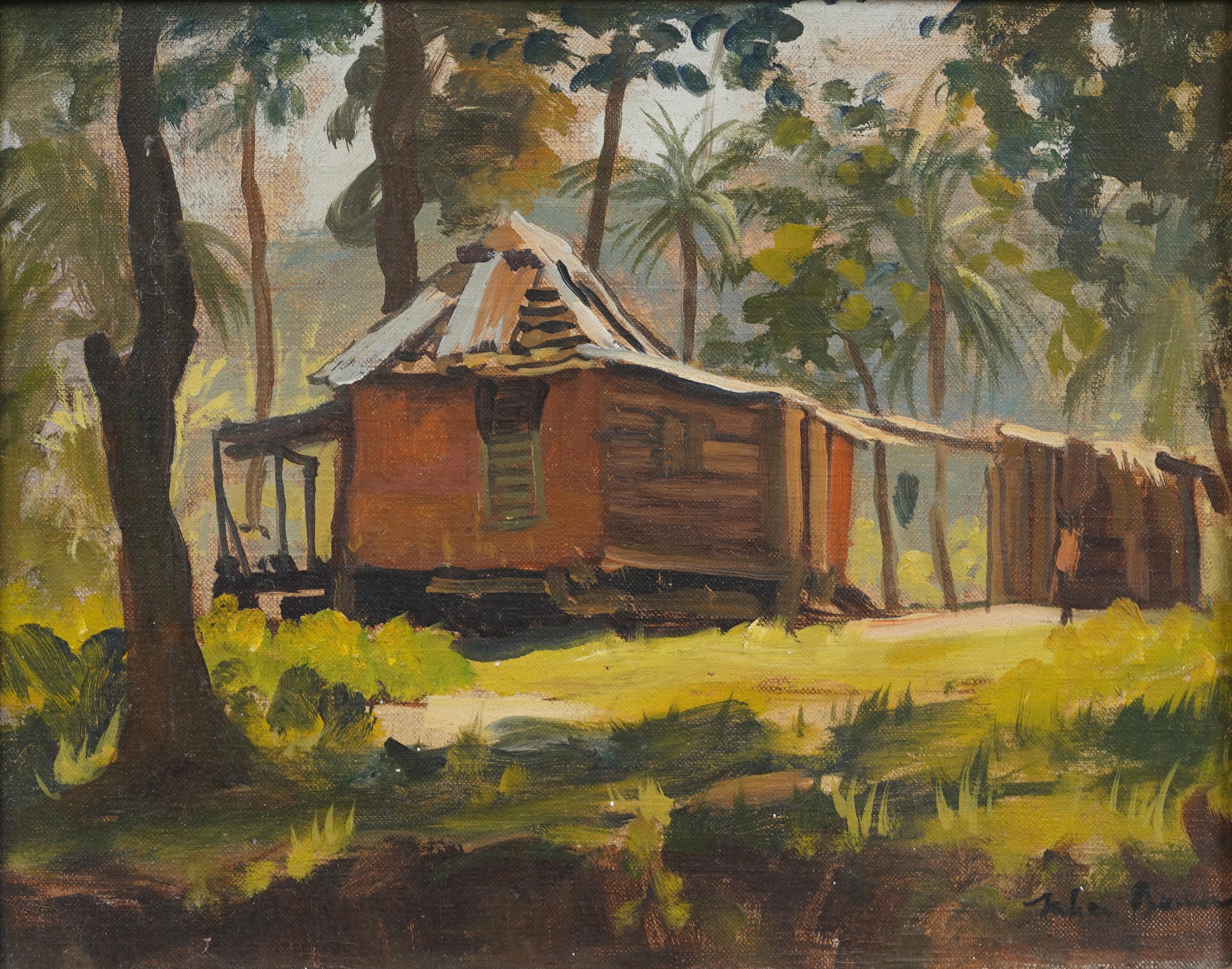Ancienne peinture à l'huile moderniste anglaise sur palmiers tropicaux encadrée - Moderne Painting par Julian Barrow (1939 - 2013)