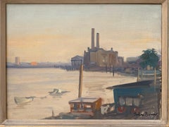 SIGNED ORIGINAL OIL - LOTS ROAD CHELSEA RIVER THAMES LONDON SKYLINE