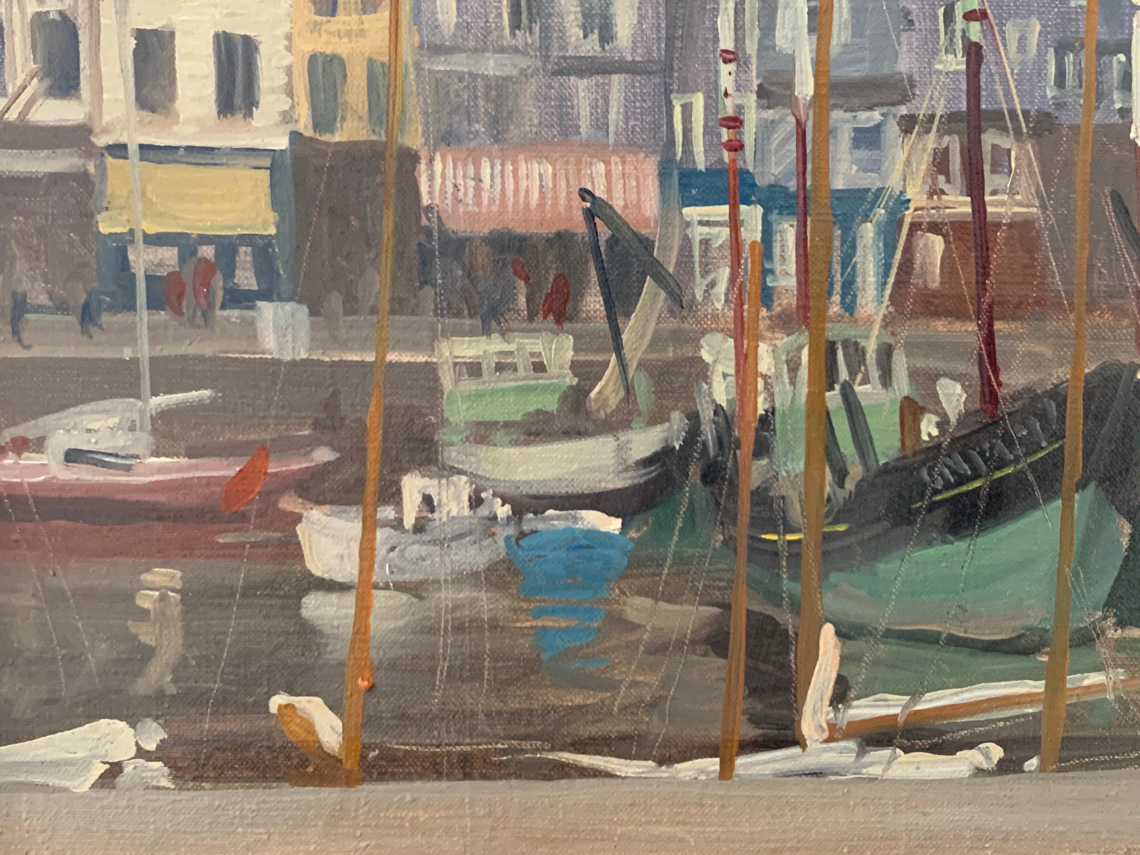 SIGNED ORIGINAL OIL - HONFLEUR HARBOUR - BOATS & SHOPS - Impressionist Painting by Julian Barrow