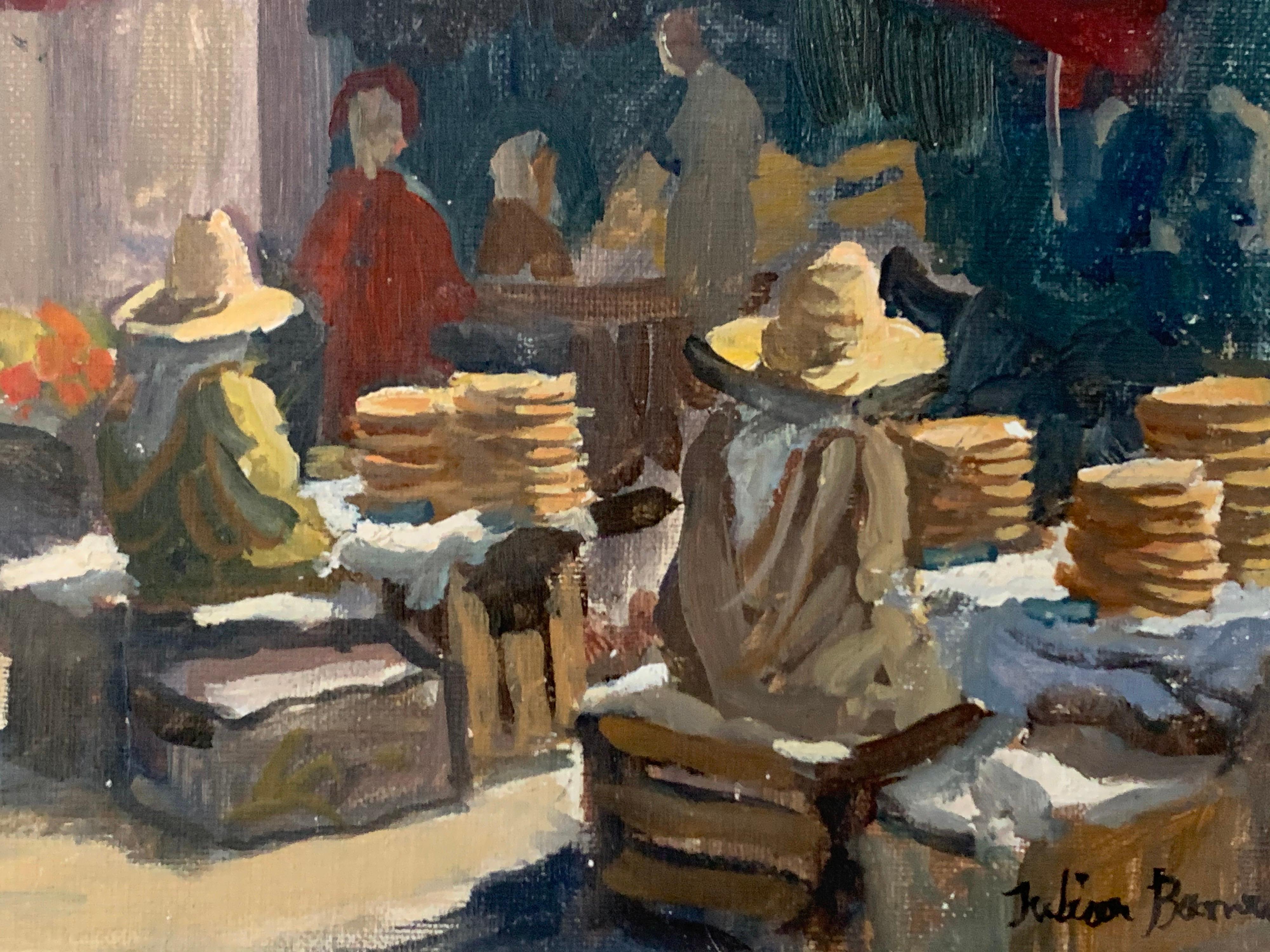 SIGNED ORIGINAL OIL - NORTH AFRICAN BUSY MARKET SCENE - Brown Figurative Painting by Julian Barrow