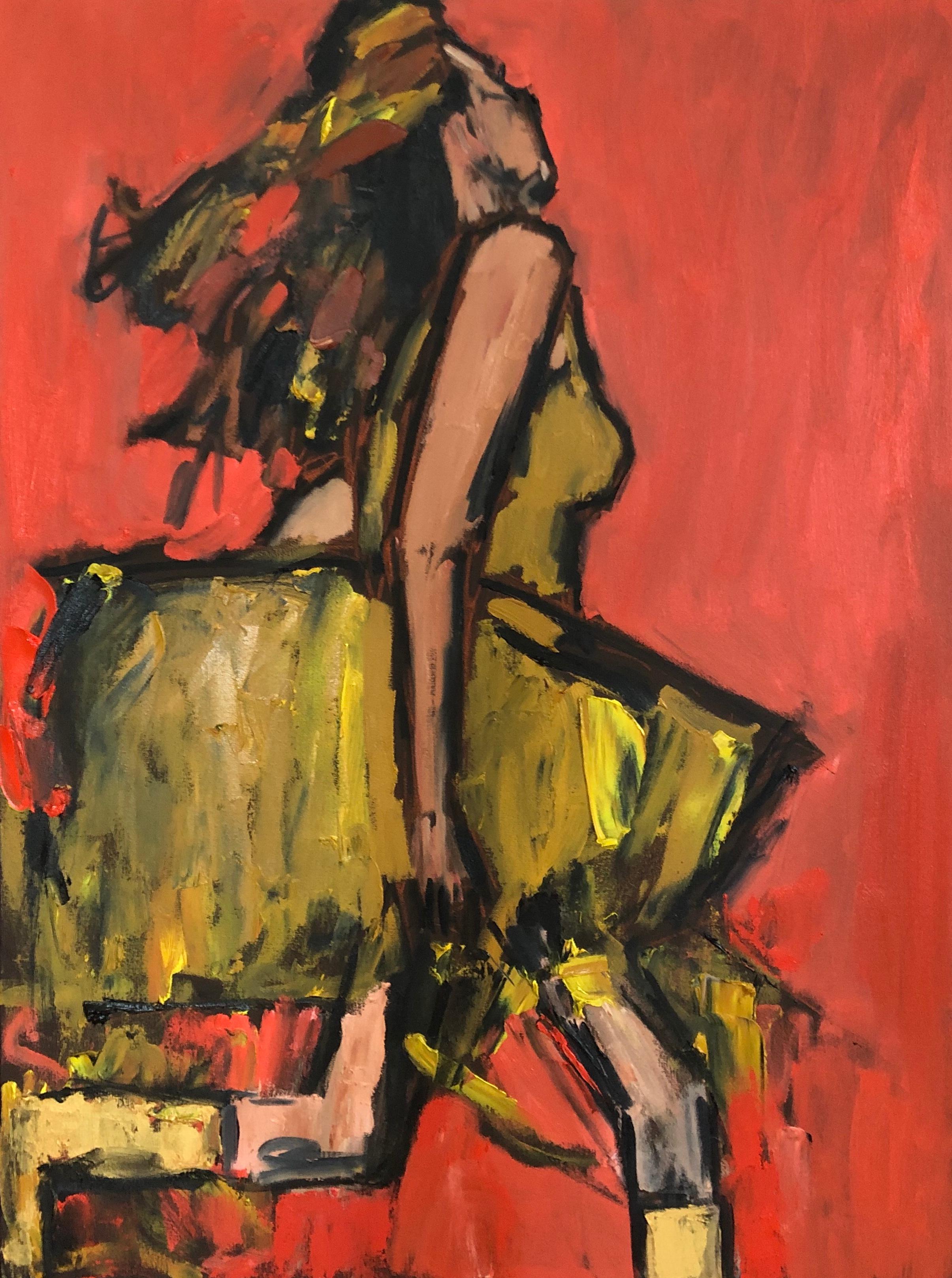 Julian Cardinal Figurative Painting - Running Girl in Yellow