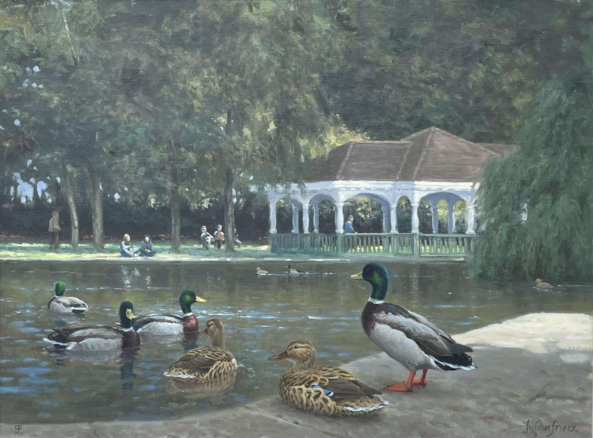 Superb traditional oil painting by living Artist Julian Friers RUA, depicting Ducks beside a lake in Saint Stephens Green Park in Dublin City Ireland . Oil on canvas complete with its original exceptional traditional painted wooden frame. 

The