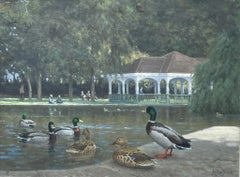 Julian Friers RUA, 'By the Pond at Stephens Green' Dublin Oil Canvas Ducks Scene