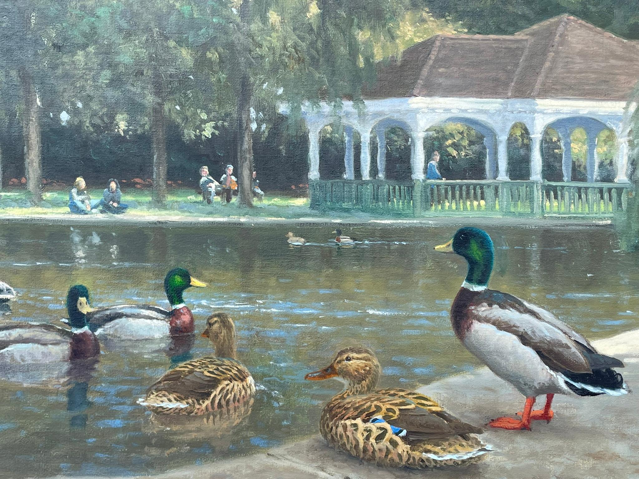 Contemporary Julian Friers RUA, 'By the Pond at Stephens Green' Dublin Oil Canvas Ducks Scene For Sale