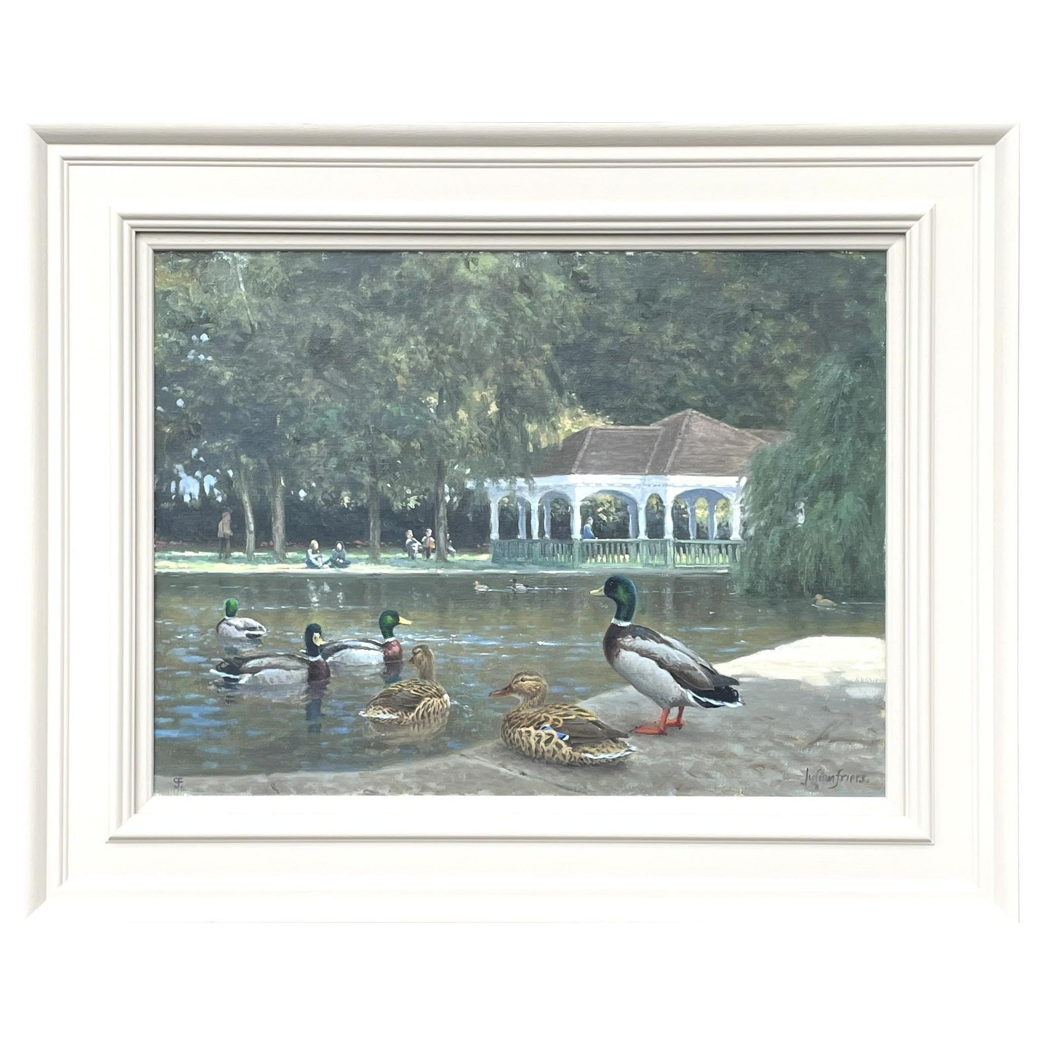 « By the Pond at Stephens Green », Julian Friers RUA, huile sur toile de Dublin, scène de canards en vente