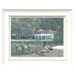 « By the Pond at Stephens Green », Julian Friers RUA, huile sur toile de Dublin, scène de canards