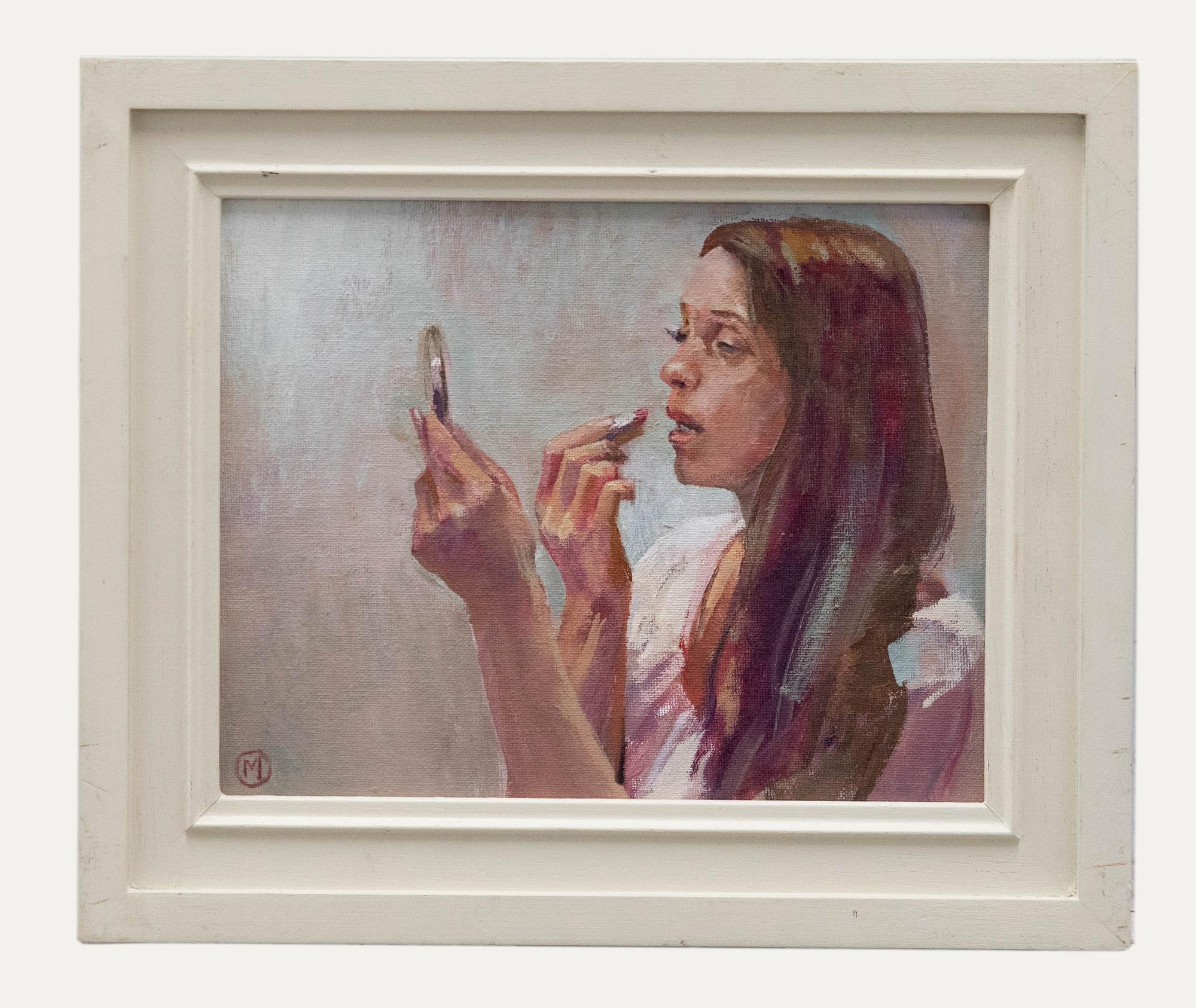 A charming oil study depicting a woman applying lipstick using a compact mirror. Signed with a monogram to the lower left. Presented in a wooden frame. On board.