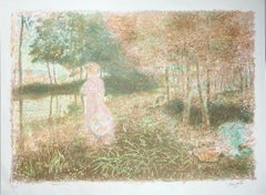 Épreuve d'artiste espagnol signée, lithographie originale de paysage et de jardin, 1985