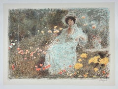 Épreuve d'artiste espagnol signée, lithographie originale de paysage et de jardin, 1985