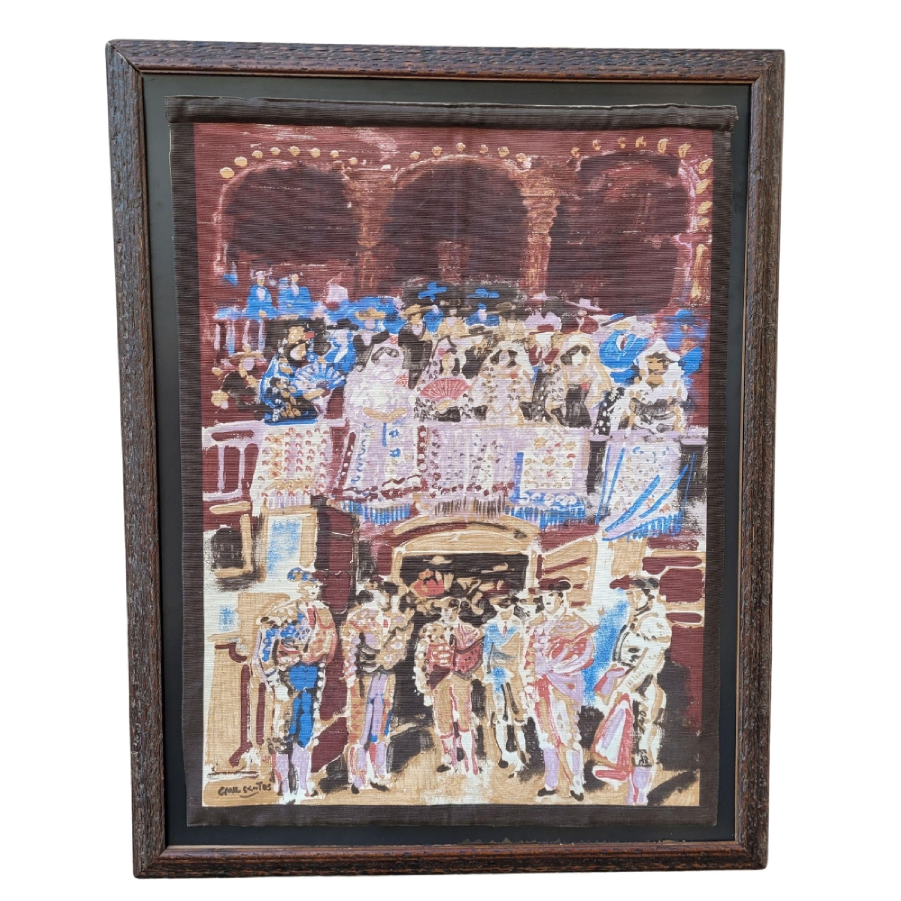 Figurative Print Julian Grau Santos - Art deco blue and pink tapestry "Bullfighting Stand" print Julián Grau Santos