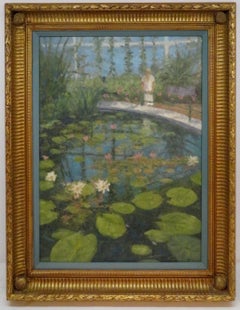 Vintage Julian Halsby RBA - original English oil painting LILLY POND KEW GARDENS LONDON 