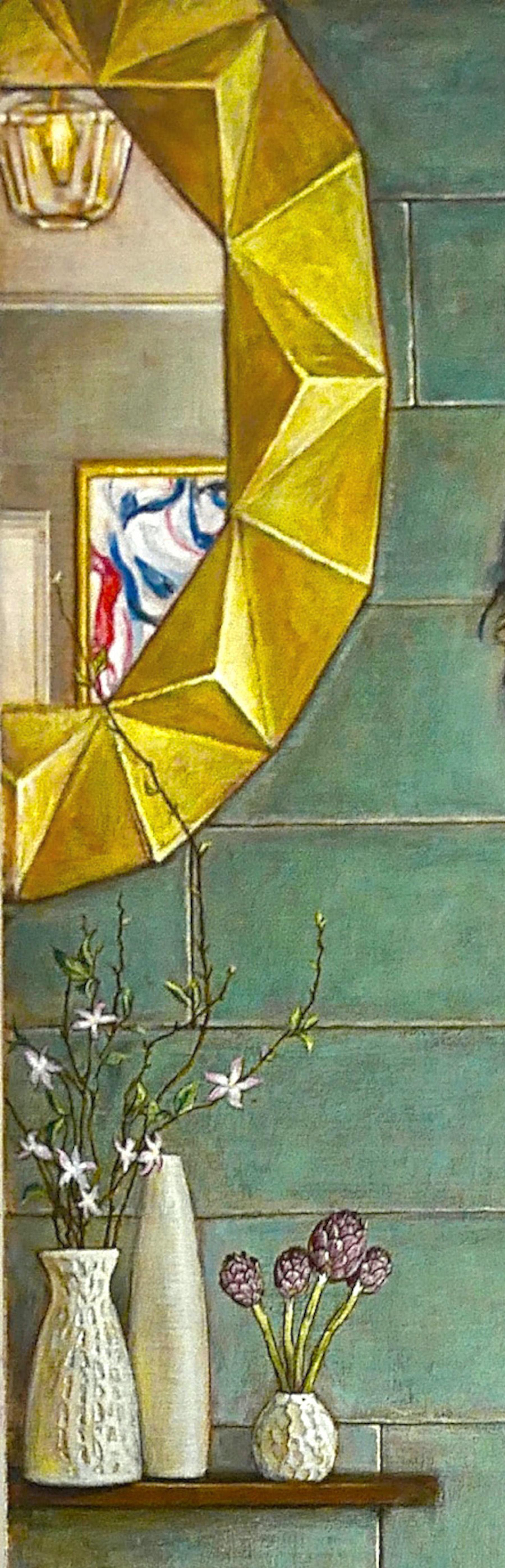 Male Nude- Standing 1, nu masculin sensuel dans des tons chair, verts et jaunes - Marron Nude Painting par Julian Hsiung
