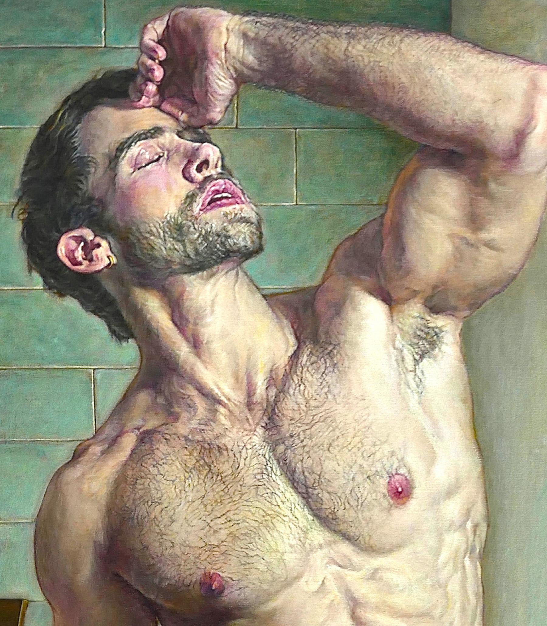 Male Nude- Standing 1, nu masculin sensuel dans des tons chair, verts et jaunes - Contemporain Painting par Julian Hsiung