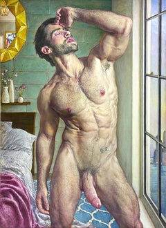 "Male Nude-Standing 1", sensual male nude in flesh tones, greens and yellows
