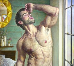 Male Nude- Standing 1, nu masculin sensuel dans des tons chair, verts et jaunes