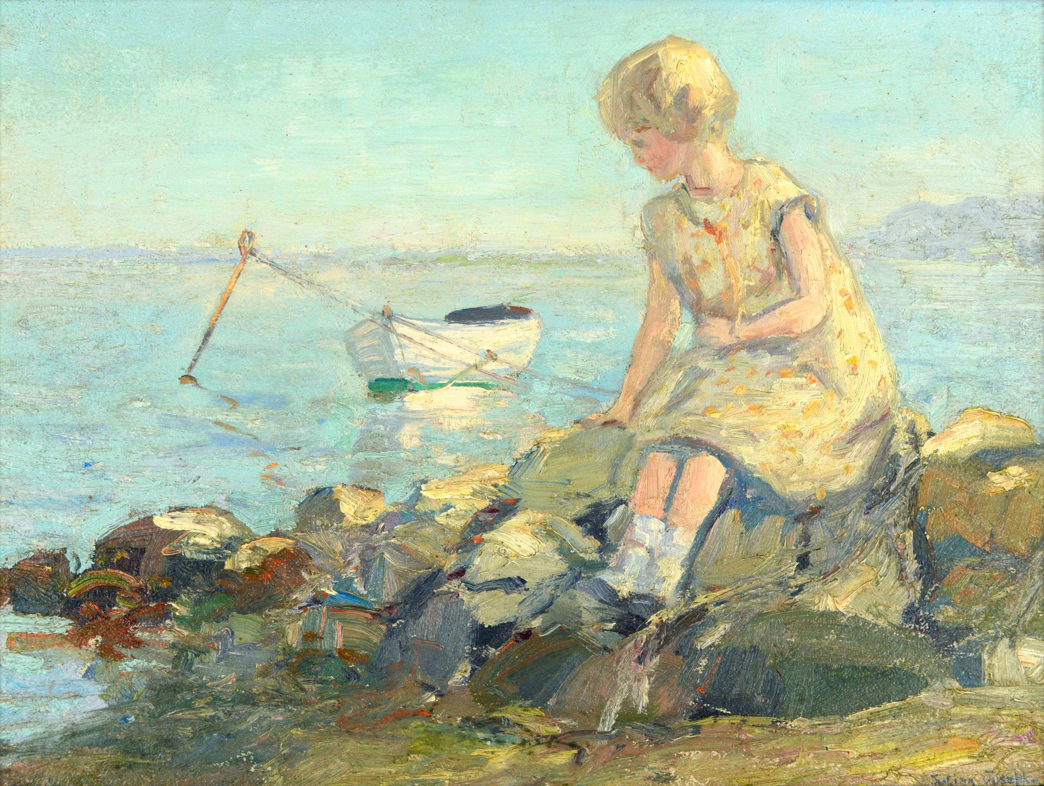 Girl on the Jetty with Rowboat, 1920's Mystic Art Colony Figurative Seascape - Painting by Julian Joseph