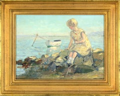 Girl on the Jetty with Rowboat, 1920's Mystic Art Colony Figurative Seascape