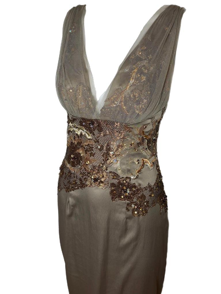 Black JULIAN JOYCE by MANDALAY Pewter Embellished Evening Gown Maxi Dress Plunge Lace