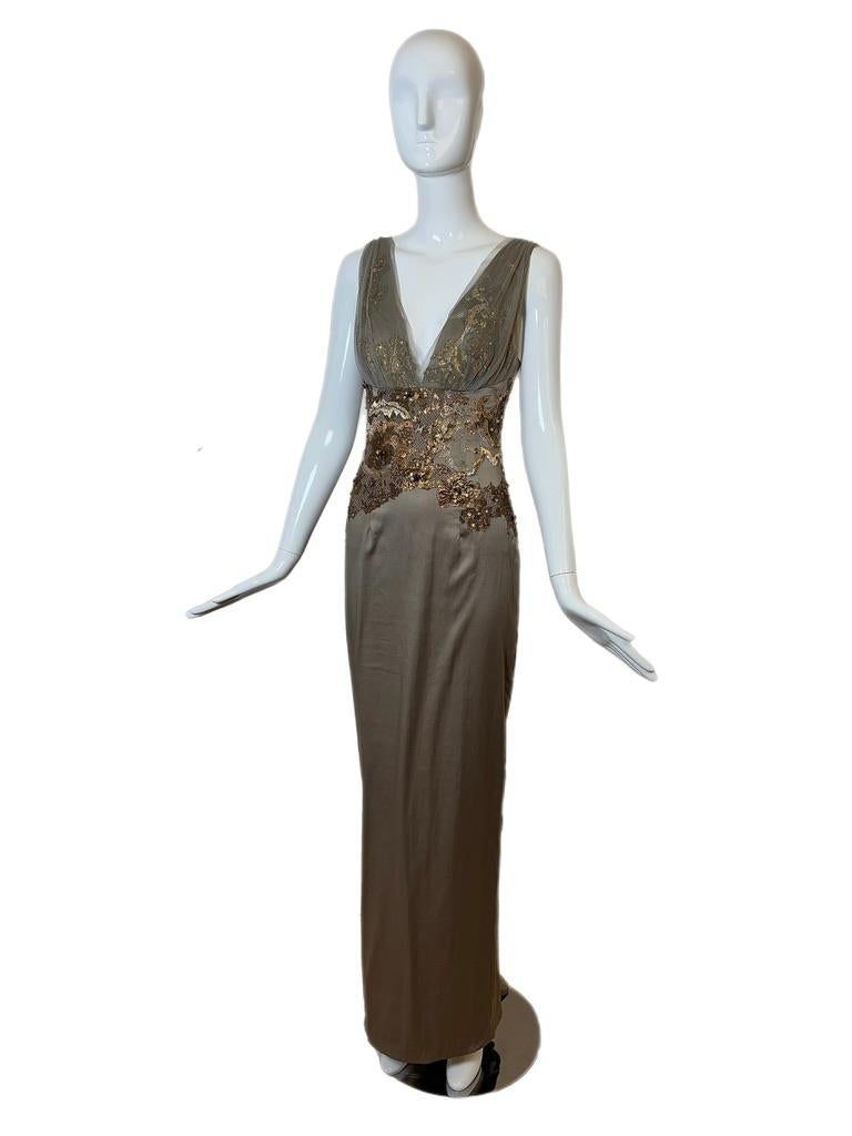 JULIAN JOYCE by MANDALAY Pewter Embellished Evening Gown Maxi Dress Plunge Lace In New Condition In Leonardo, NJ