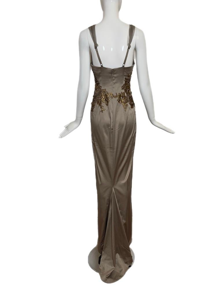 Women's JULIAN JOYCE by MANDALAY Pewter Embellished Evening Gown Maxi Dress Plunge Lace