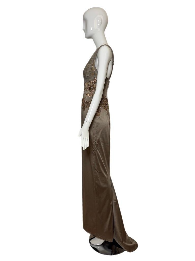 JULIAN JOYCE by MANDALAY Pewter Embellished Evening Gown Maxi Dress Plunge Lace 1
