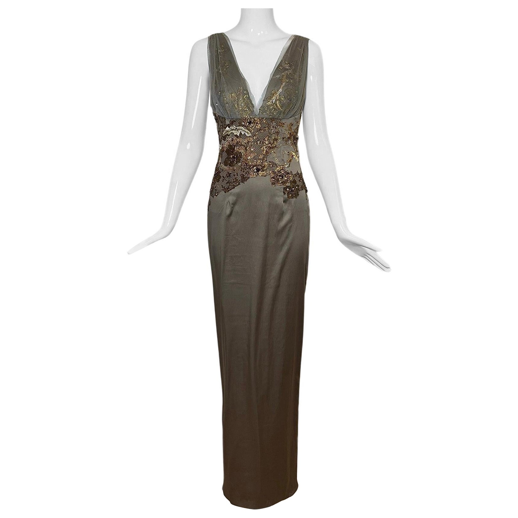 JULIAN JOYCE by MANDALAY Zinn verziertes Abendkleid Maxikleid mit tiefem Saum und Spitze