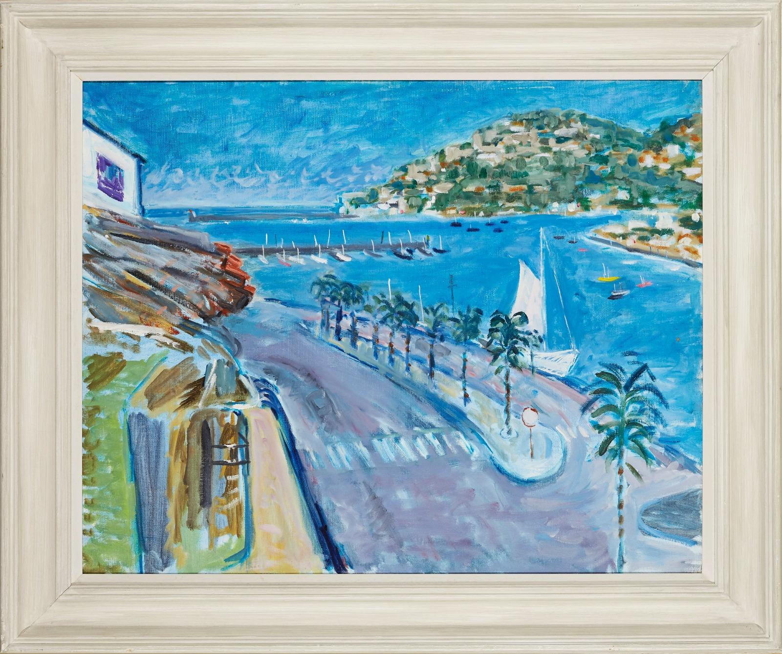 Peinture à l'huile moderniste britannique - Scène de port ensoleillée du sud de la France avec bateaux  - Painting de Julian Melgrave