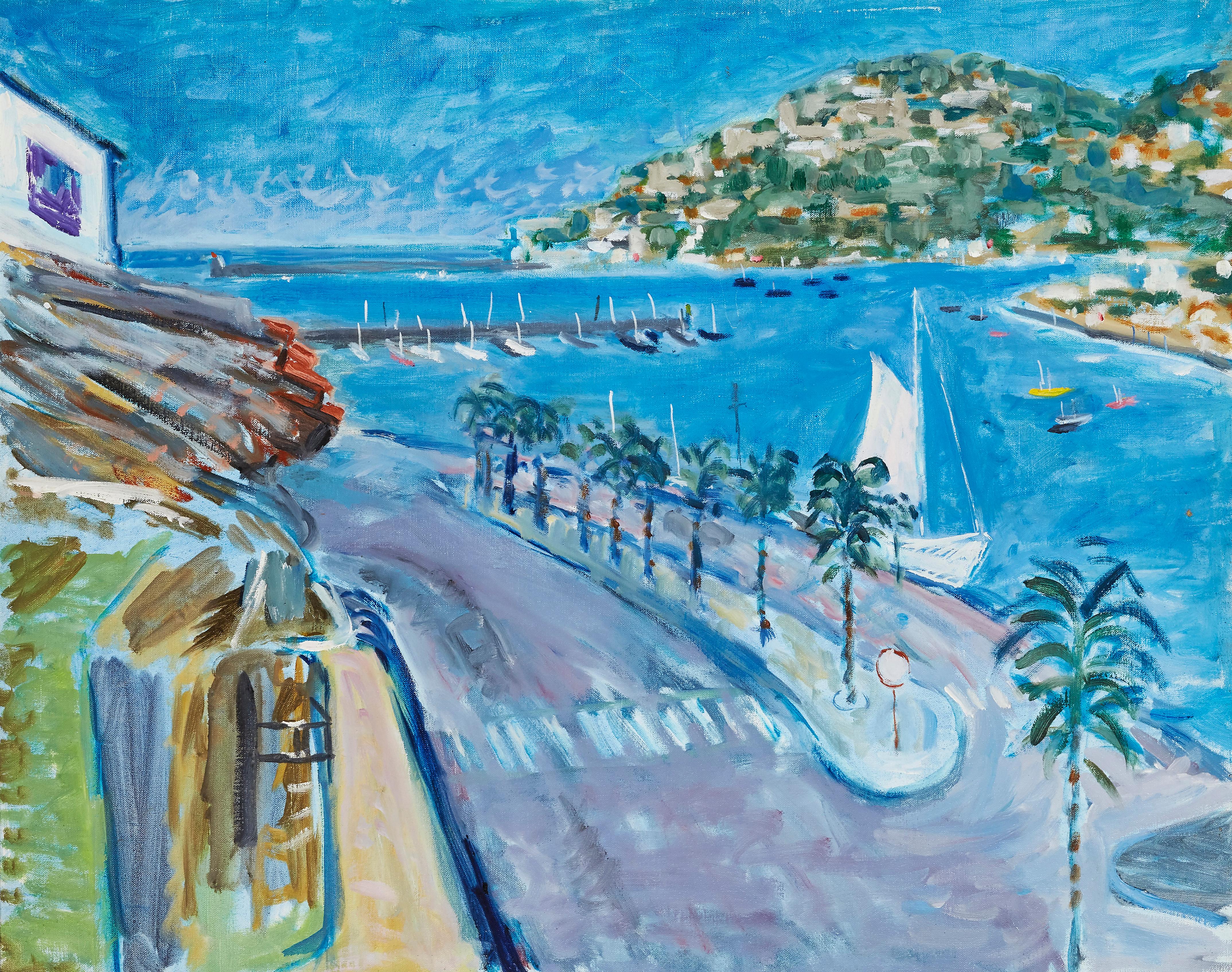 Landscape Painting Julian Melgrave - Peinture à l'huile moderniste britannique - Scène de port ensoleillée du sud de la France avec bateaux 