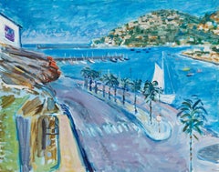 Peinture à l'huile moderniste britannique - Scène de port ensoleillée du sud de la France avec bateaux 