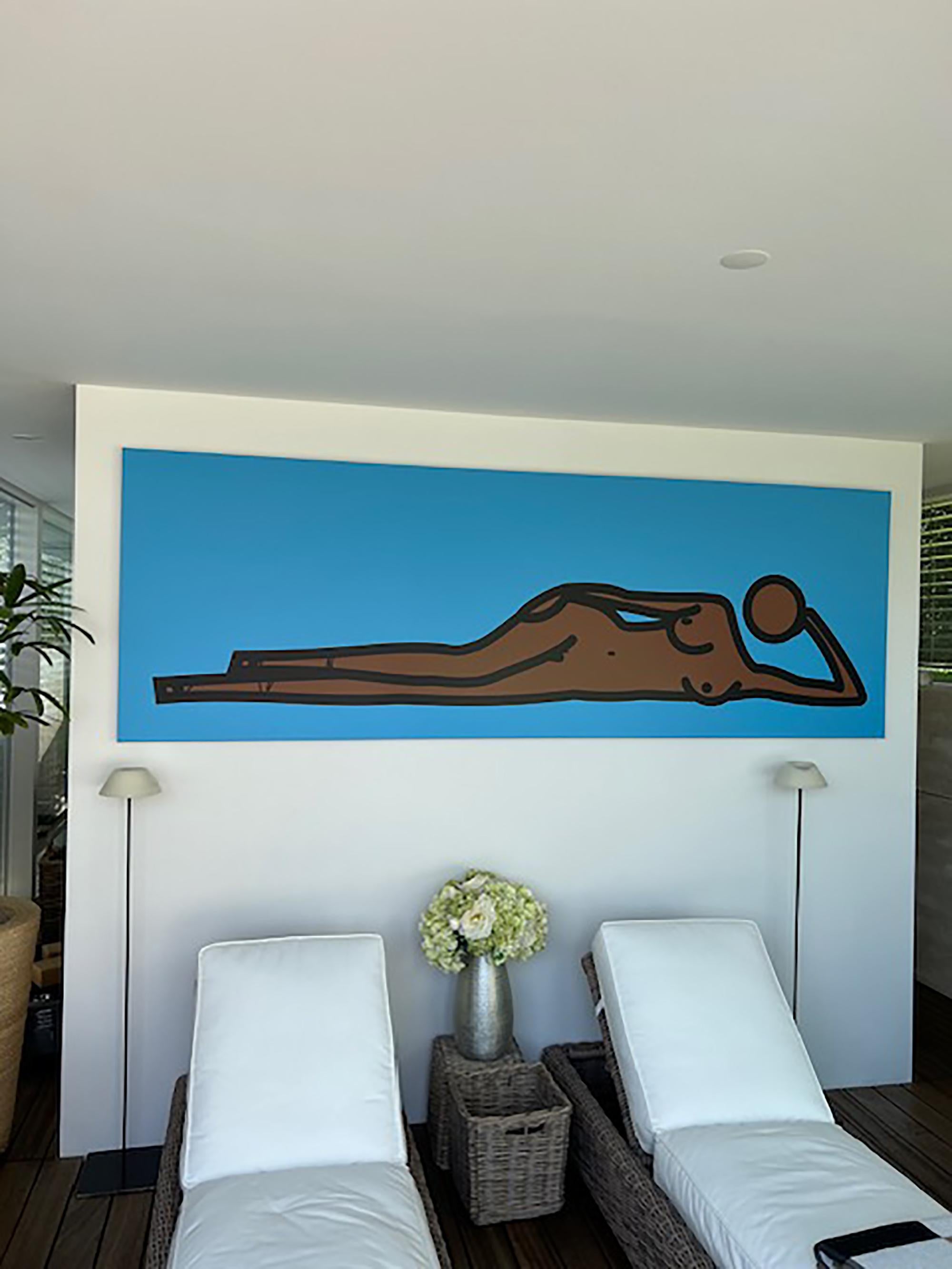 Julian Opie
Bijou reclining. 4, 2010
Vinyl on wooden stretcher
95.3 x 280.8 cm (37 1/2 x 110 1/2 in.) 
Unique

Julian Opie’s simple, graphic figurative portraits and landscapes generate a pared-back perspective on contemporary life. The artist’s