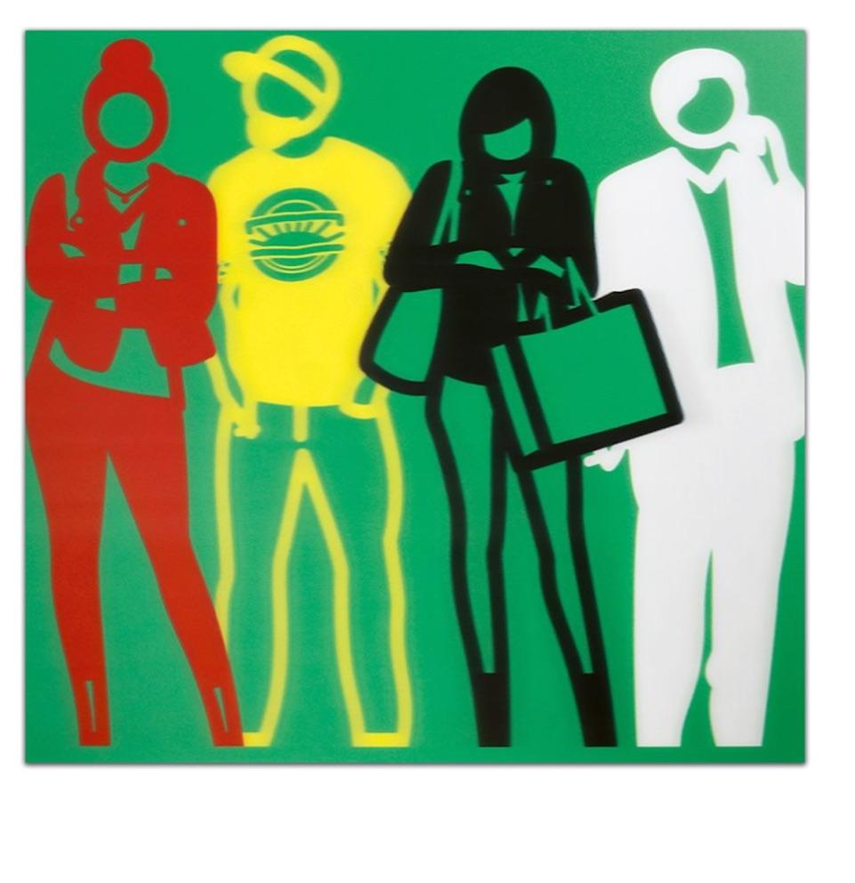 Standing People (green black red white) - Painting by Julian Opie