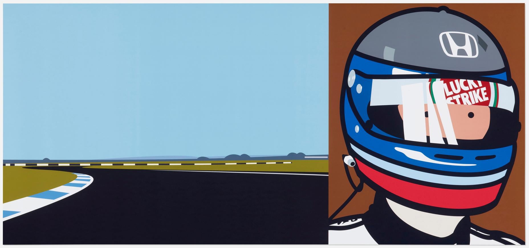 Julian Opie Portrait Print - IMAGINE YOU ARE DRIVING (FAST) RIO WITH HELMET
