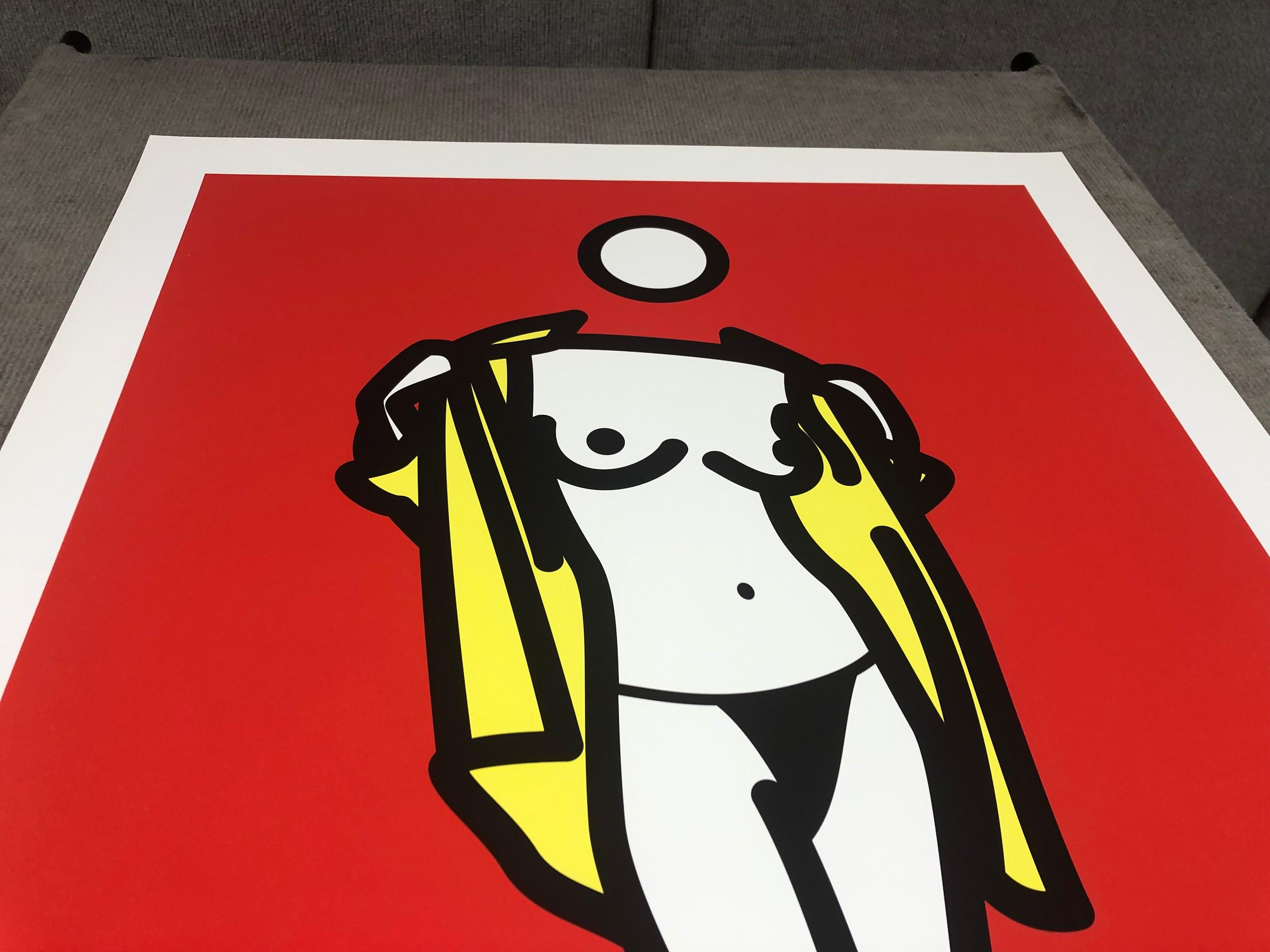 Cette reproduction de l'image phénoménale de Julian Opie, intitulée Woman Taking Off Man's Shirt (Femme enlevant la chemise d'un homme), capture le style frappant et distinctif qui a fait la renommée de l'artiste. Imprimée à l'origine en 1985 par un