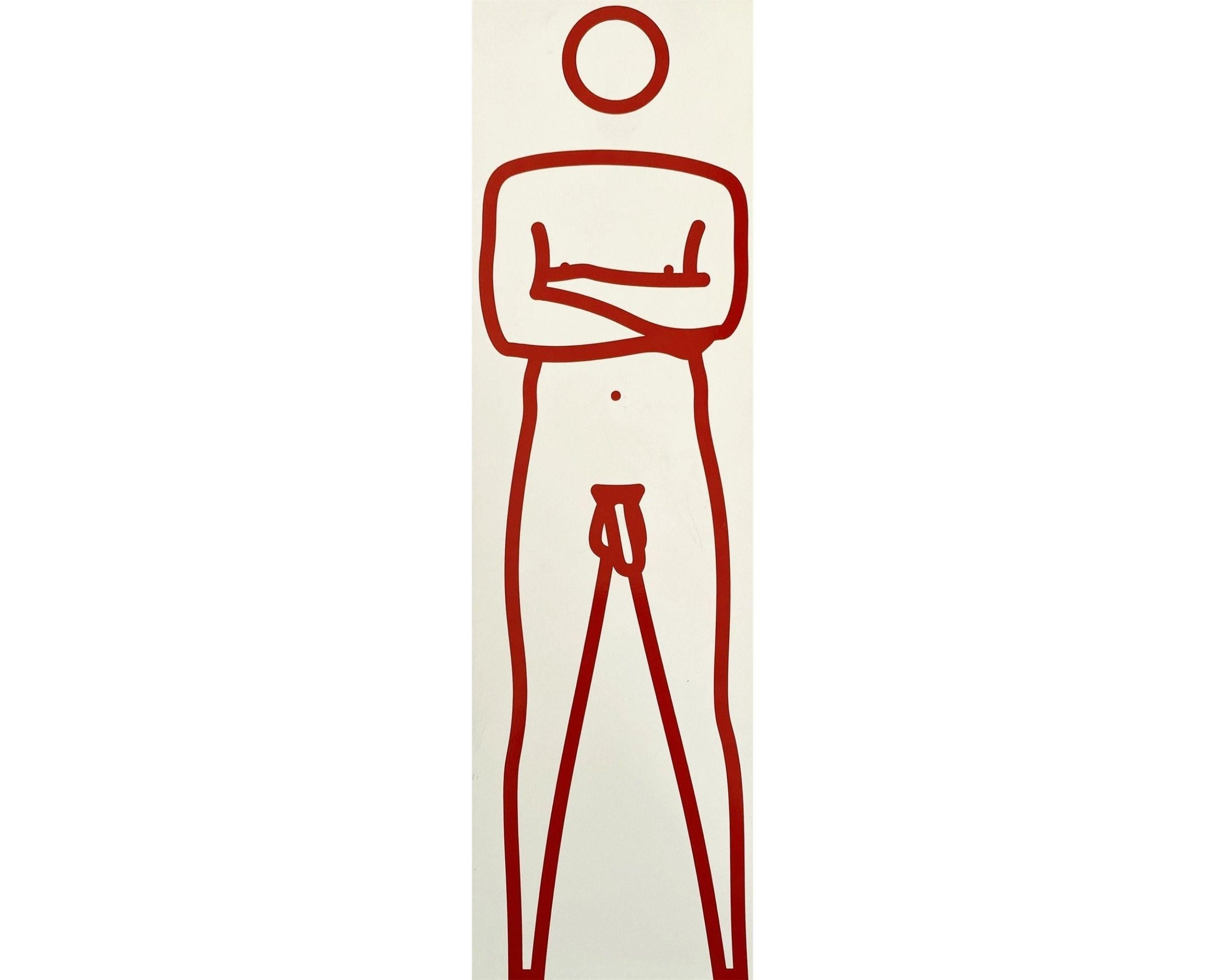 Julian nu, bras croisés, 2000
Julian Opie

Peinture et vinyle sur bois, sculpture rouge sur blanc 
Signé au stylo sur la face inférieure
De l'édition de trois, chacun une variante de couleur unique
Sculpture : 33 × 10 × 5 cm (13 × 4 × 2 in)
